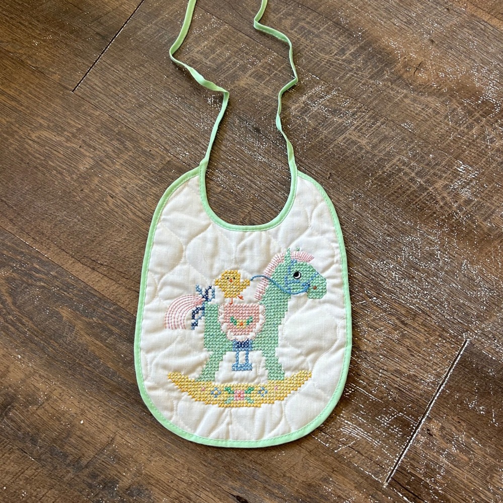 Vintage Handmade Quilted Baby Bib Cross Stitch Rocking Horse Chick Mint Green